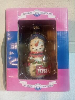 Hanna's Handiworks Collegiate Christmas Ornament Snowman Holding Rebels Sign NIB